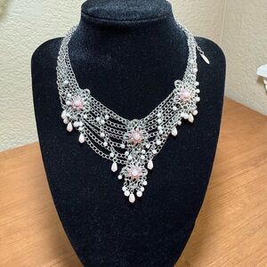 Vintage bib-style statement necklace Victorian-inspired pink stones and pearls